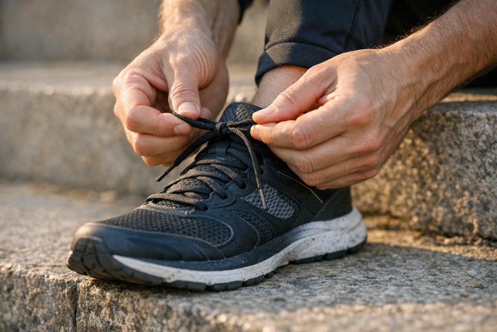 Person bindet sich die Laufschuhe auf einer Treppenstufe