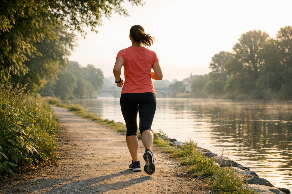 Joggerin auf einem Uferweg am Fluss im Sommer