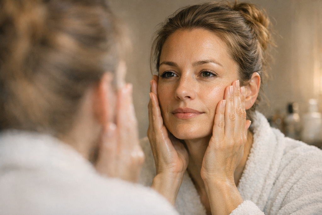 Frau vor einem Badezimmerspiegel in der Abendroutine