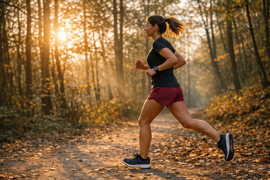 Laeuferin joggt auf einem Waldweg im warmen Herbstlicht