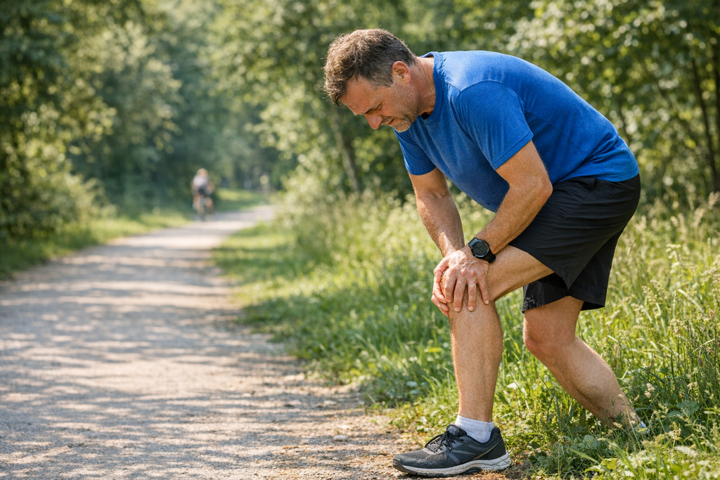 Ein Laeufer mittleren Alters macht eine Pause am Wegrand und greift sich ans Knie