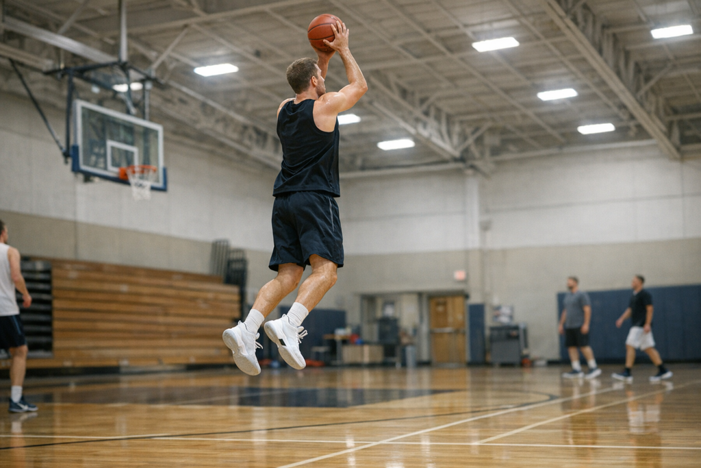 Basketballspieler in einer Sporthalle beim Sprungwurf