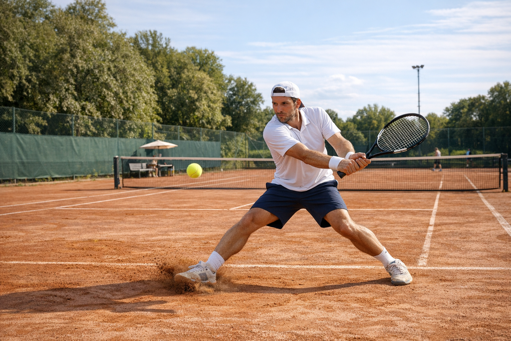 Tennisspieler auf einem Sandplatz beim Rueckhandschlag