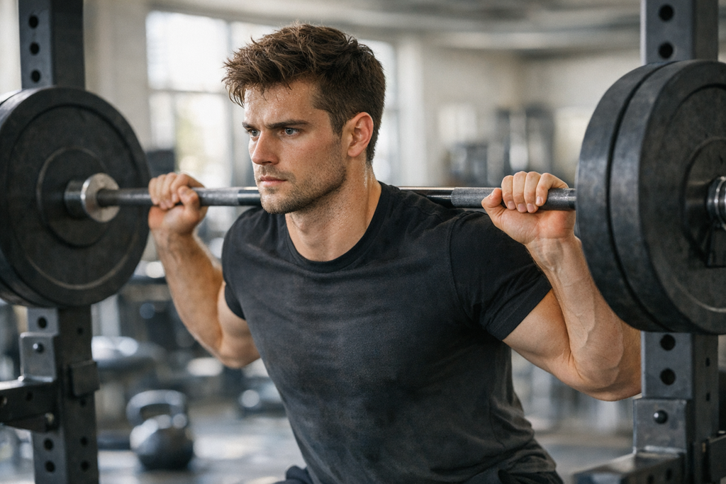 Junger Mann im Fitnessstudio an der Langhantel