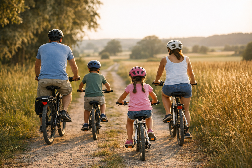 Familie mit zwei Kindern faehrt Fahrrad auf einem Feldweg im Sommer