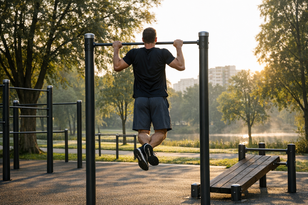 Outdoor-Fitnessbereich in einem Stadtpark mit Klimmzugstange