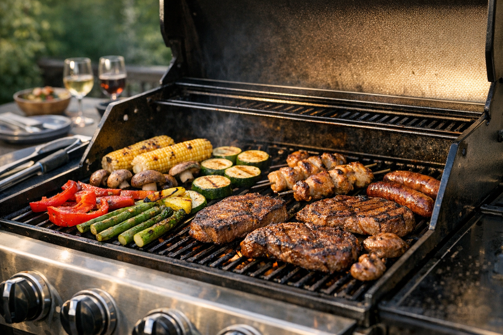 Gasgrill auf einer Terrasse mit Gemuese und Fleisch