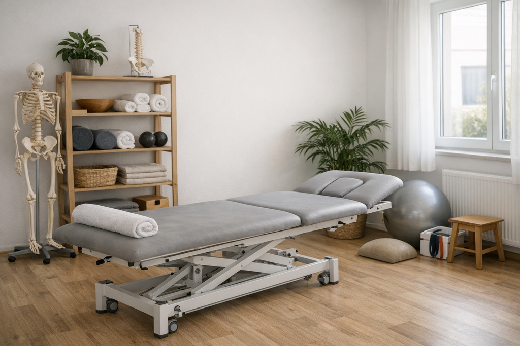 Behandlungsraum in einer Physiotherapiepraxis mit Liege und Regal