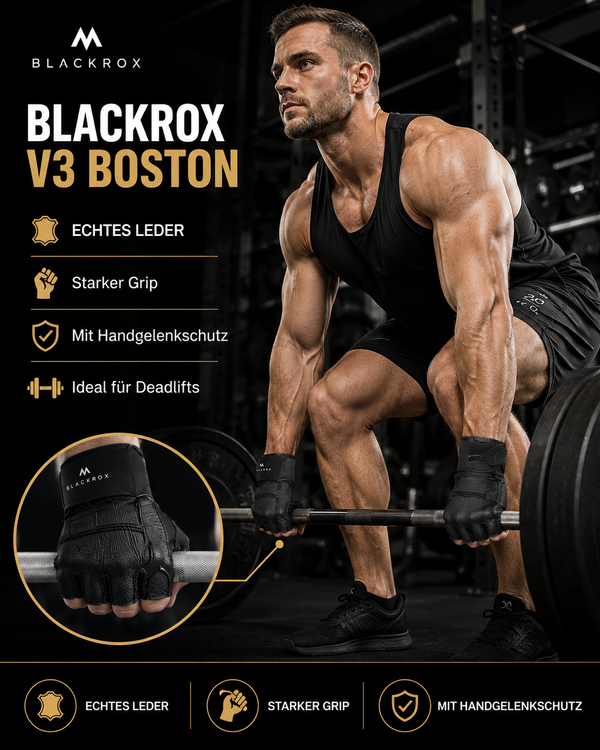 BLACKROX Boston V3 Fitnesshandschuhe – Echtes Leder Trainingshandschuhe Gym – Echtes Leder – Deadlift
