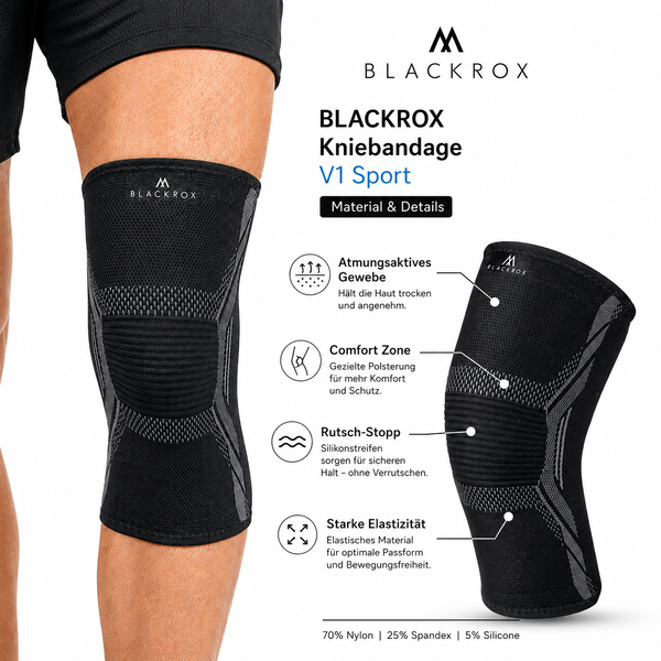 BLACKROX Kniebandage V1 Sport Fitness Krafttraining Kniestütze – Nahaufnahme