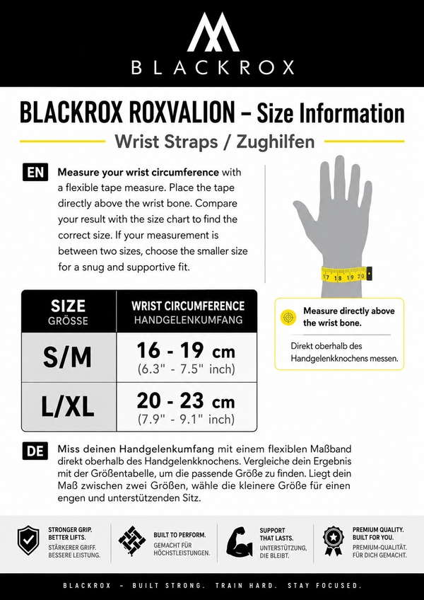 BLACKROX ROXVALION Größentabelle Handgelenkumfang S/M 16-19 cm, L/XL 20-23 cm